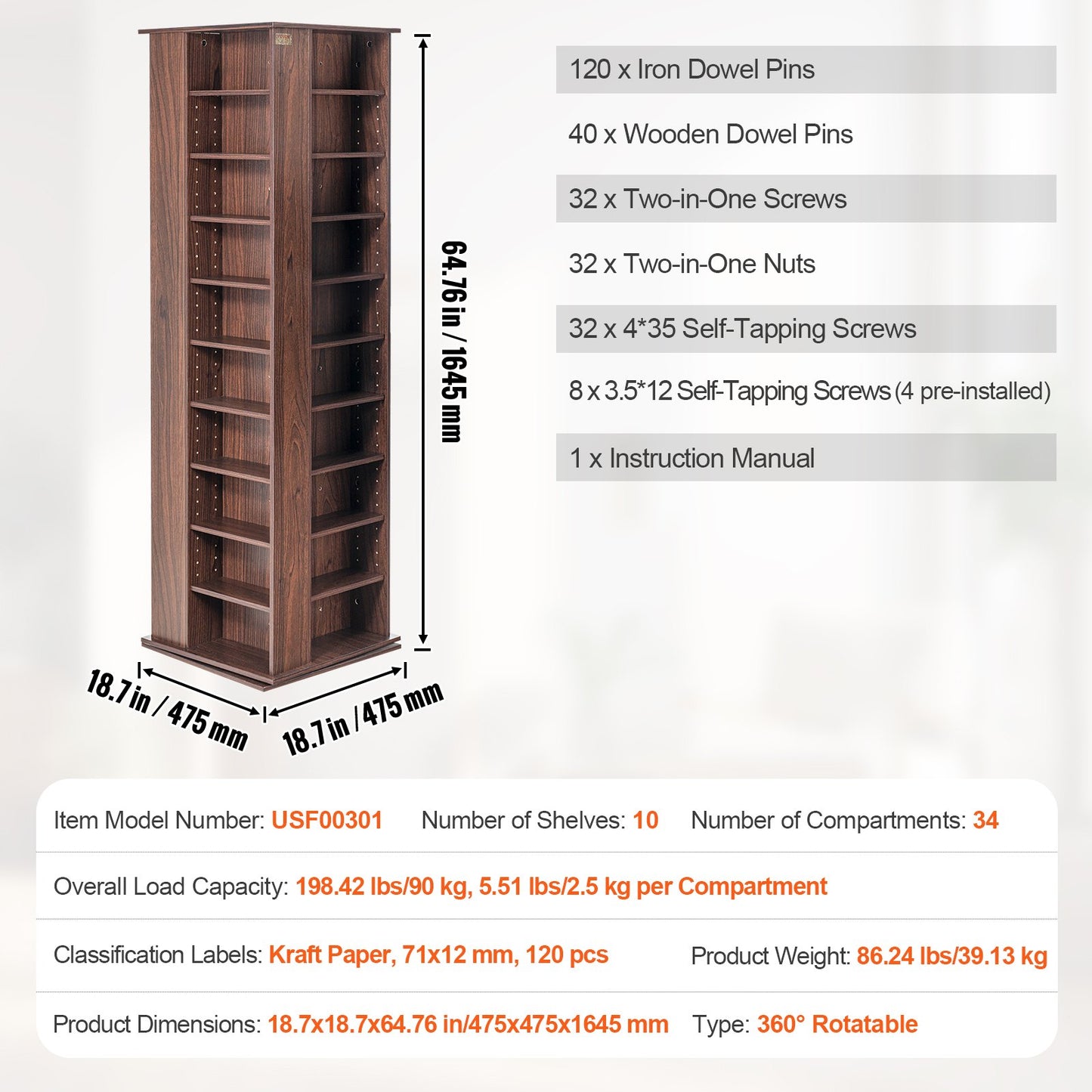 Medienschrank, drehbarer Medienturm, fasst bis zu 1040 CDs, schützt und organisiert Musik-, Film-, Videospiel- oder Sammlerstücke – Espresso