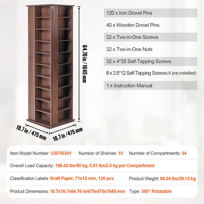 Medienschrank, drehbarer Medienturm, fasst bis zu 1040 CDs, schützt und organisiert Musik-, Film-, Videospiel- oder Sammlerstücke – Espresso