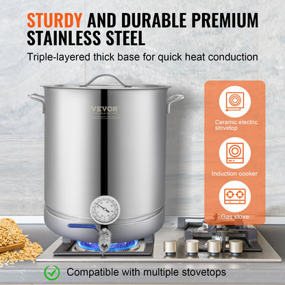 Stainless Steel Kettle, 60.6 L Brewing Pot, Tri Ply Bottom for Beer, Brew Kettle Pot, Home Brewing Supplies Includes Lid, Handle, Thermometer, Ball Valve Spigot, Filter, Filter Tray