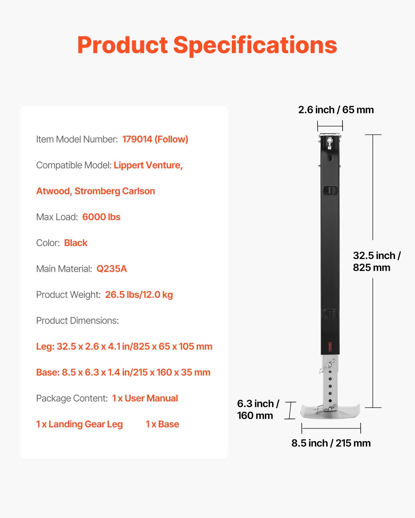 RV Follow Fifth Wheel Landing Gear Leg 179014, 825 mm 5th Wheel Landing Gear Universal Replacement Compatible with Lippert Venture, Atwood, Stromberg Carlson Systems, with Pin and Base, Black