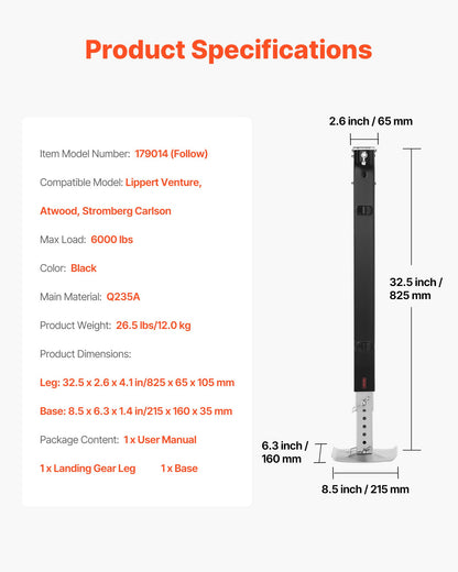 RV Follow Fifth Wheel Landing Gear Leg 179014, 825 mm 5th Wheel Landing Gear Universal Replacement Compatible with Lippert Venture, Atwood, Stromberg Carlson Systems, with Pin and Base, Black