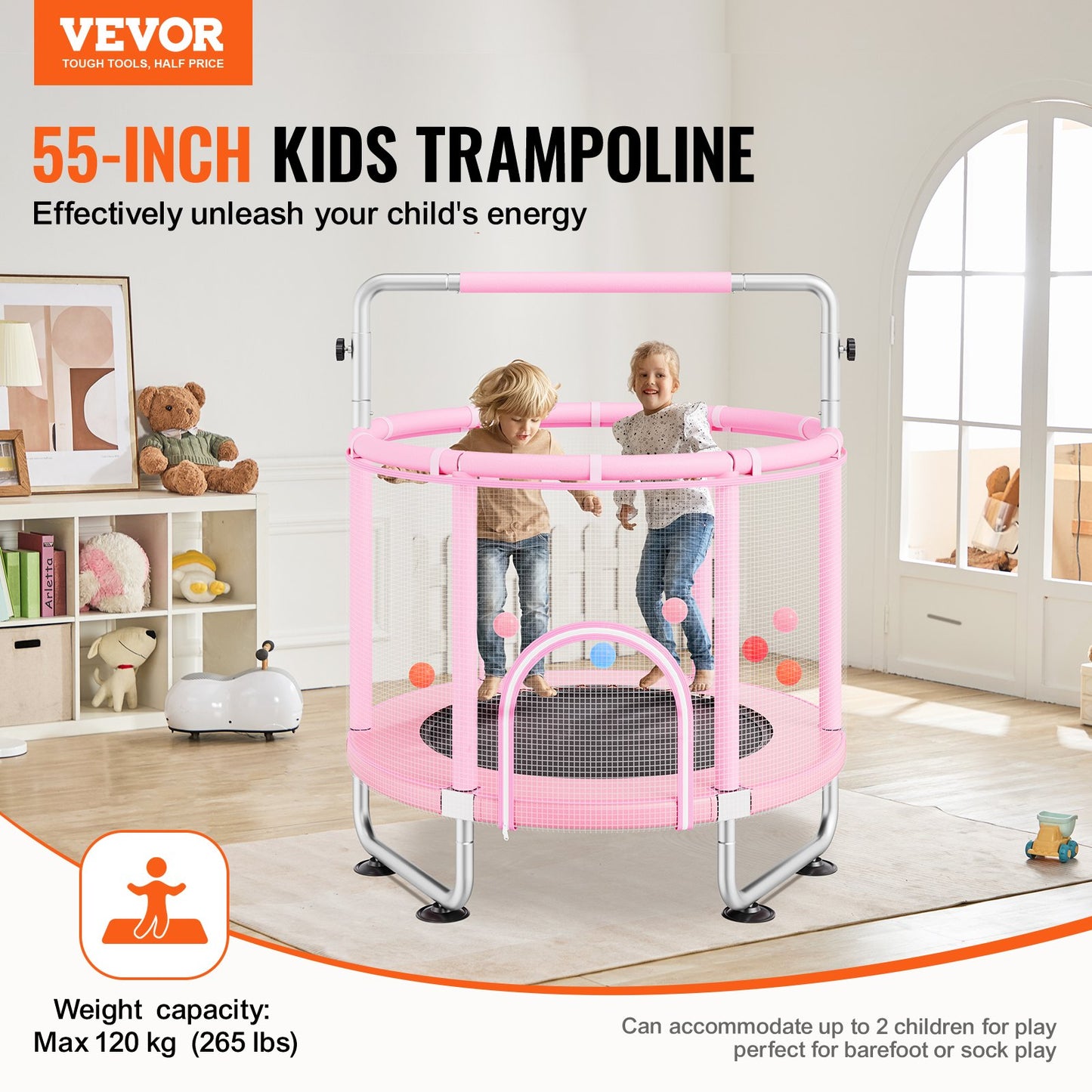 55" Kids Trampoline, 4.6FT Indoor Outdoor Trampoline, Mini Toddler Recreational Trampolinewith Safety Enclosure Net and Basketball Hoop, Birthday Gifts Christmas Toys for 3+ Years Children, Pink