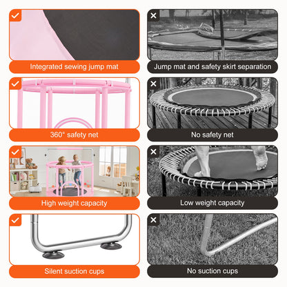 55" Kids Trampoline, 4.6FT Indoor Outdoor Trampoline, Mini Toddler Recreational Trampolinewith Safety Enclosure Net and Basketball Hoop, Birthday Gifts Christmas Toys for 3+ Years Children, Pink