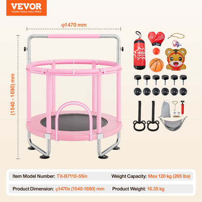 55" Kids Trampoline, 4.6FT Indoor Outdoor Trampoline, Mini Toddler Recreational Trampolinewith Safety Enclosure Net and Basketball Hoop, Birthday Gifts Christmas Toys for 3+ Years Children, Pink