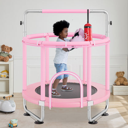 55" Kids Trampoline, 4.6FT Indoor Outdoor Trampoline, Mini Toddler Recreational Trampolinewith Safety Enclosure Net and Basketball Hoop, Birthday Gifts Christmas Toys for 3+ Years Children, Pink