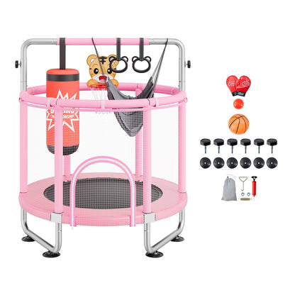 55" Kids Trampoline, 4.6FT Indoor Outdoor Trampoline, Mini Toddler Recreational Trampolinewith Safety Enclosure Net and Basketball Hoop, Birthday Gifts Christmas Toys for 3+ Years Children, Pink