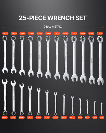 Combination Wrench Set, 25-Piece Open End Wrench Set with Roll-up Pouch, Carbon Steel Wrench Set Metric 6 mm to 32 mm, Ideal for General Household, Garage, Workshop, Auto Repairs, Emergency