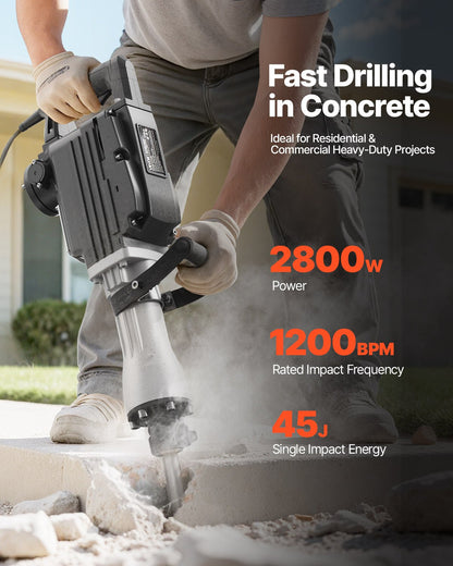 Abbruchhammer, 2800 W starker elektrischer Abbruchhammer, 1200 Schläge/min, Betonbrecher mit 3 Meißeln, Spaten, Tragekoffer und Handschuhen, für Beton, Wände, Ziegel, Fliesen und Fundamente