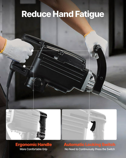 Abbruchhammer, 2800 W starker elektrischer Abbruchhammer, 1200 Schläge/min, Betonbrecher mit 3 Meißeln, Spaten, Tragekoffer und Handschuhen, für Beton, Wände, Ziegel, Fliesen und Fundamente