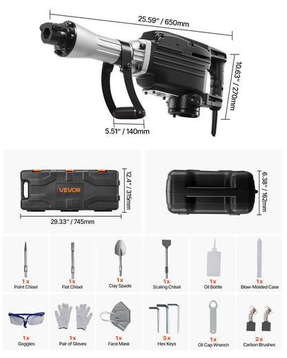 Abbruchhammer, 2800 W starker elektrischer Abbruchhammer, 1200 Schläge/min, Betonbrecher mit 3 Meißeln, Spaten, Tragekoffer und Handschuhen, für Beton, Wände, Ziegel, Fliesen und Fundamente