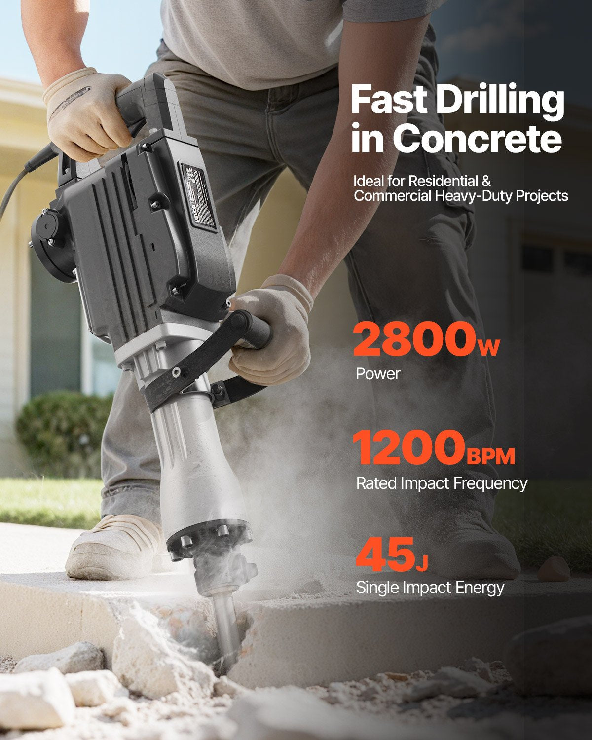 Abbruchhammer, 2800 W starker elektrischer Abbruchhammer, 1200 Schläge/min, Betonbrecher mit Spitzmeißel, Flachmeißel, Transportkoffer und Handschuhen, für Beton, Wände, Ziegel, Fliesen und Fundamente