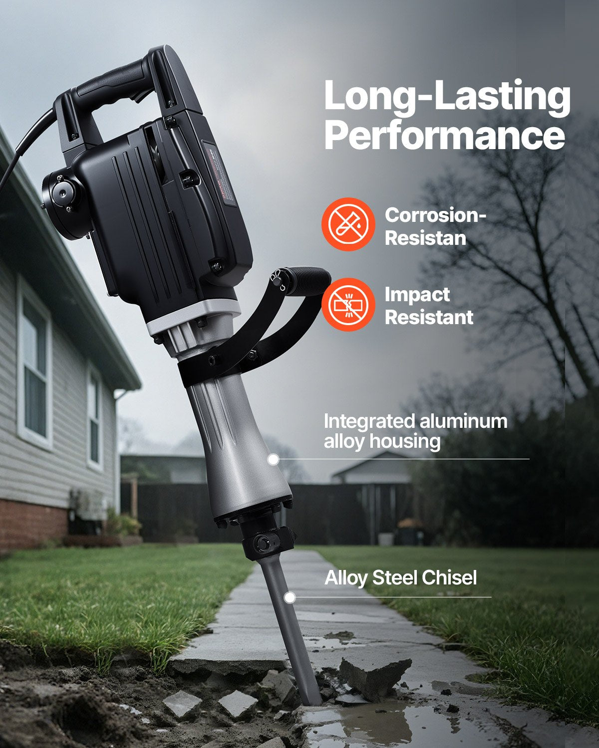 Abbruchhammer, 2800 W starker elektrischer Abbruchhammer, 1200 Schläge/min, Betonbrecher mit Spitzmeißel, Flachmeißel, Transportkoffer und Handschuhen, für Beton, Wände, Ziegel, Fliesen und Fundamente