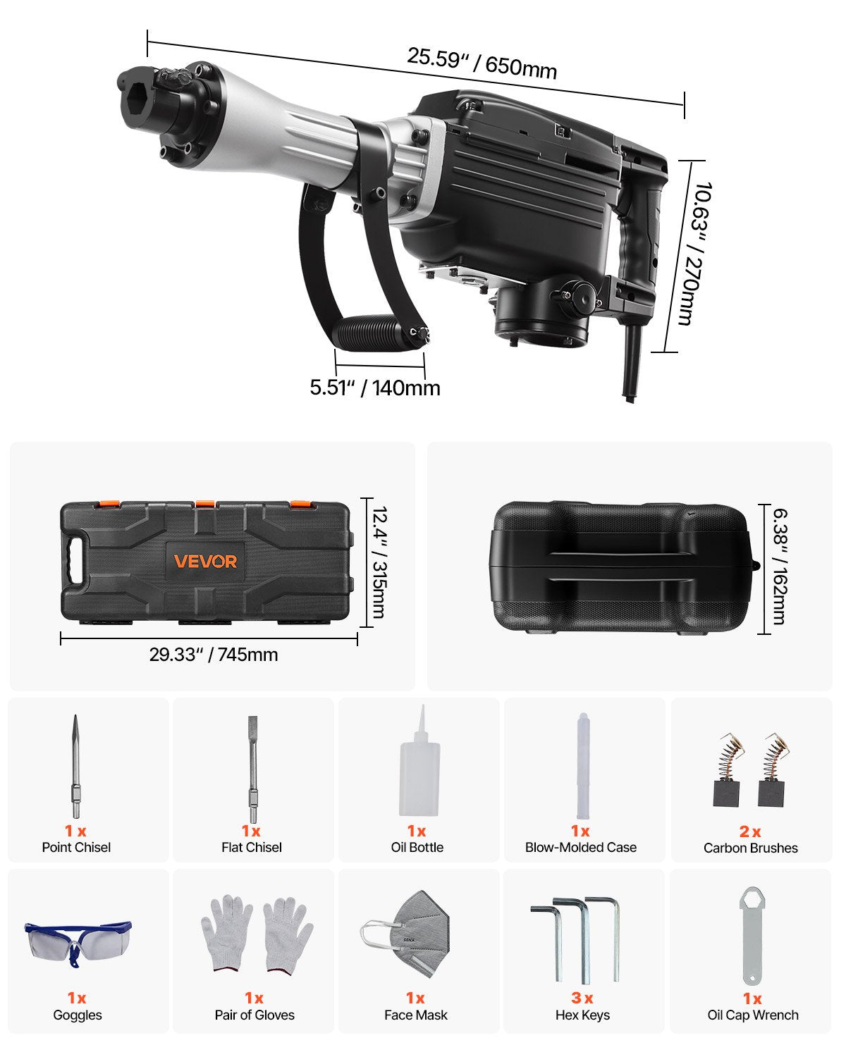 Abbruchhammer, 2800 W starker elektrischer Abbruchhammer, 1200 Schläge/min, Betonbrecher mit Spitzmeißel, Flachmeißel, Transportkoffer und Handschuhen, für Beton, Wände, Ziegel, Fliesen und Fundamente