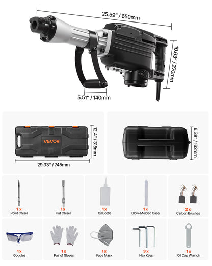 Abbruchhammer, 2800 W starker elektrischer Abbruchhammer, 1200 Schläge/min, Betonbrecher mit Spitzmeißel, Flachmeißel, Transportkoffer und Handschuhen, für Beton, Wände, Ziegel, Fliesen und Fundamente