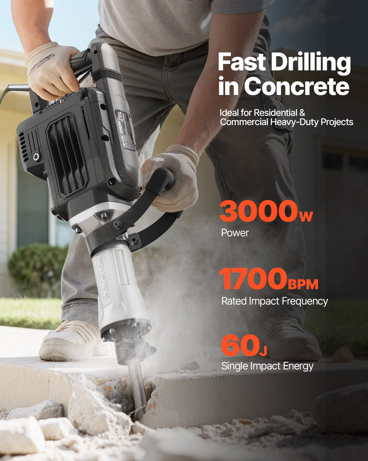 Abbruchhammer, 3000 W starker elektrischer Abbruchhammer, 1700 Schläge/min, Betonbrecher mit Spitzmeißel, Transportkoffer, Handschuhen und Schutzbrille, für Beton, Wände, Ziegel, Fliesen und Fundamente