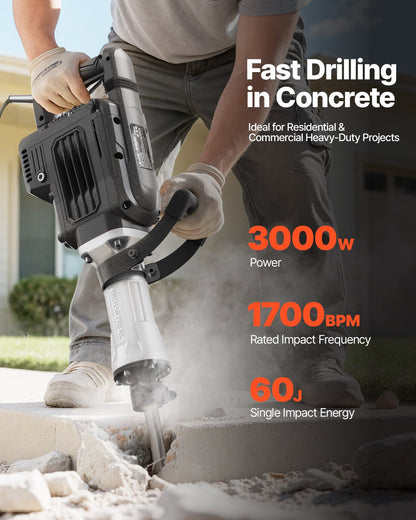 Abbruchhammer, 3000 W starker elektrischer Abbruchhammer, 1700 Schläge/min, Betonbrecher mit Spitzmeißel, Transportkoffer, Handschuhen und Schutzbrille, für Beton, Wände, Ziegel, Fliesen und Fundamente