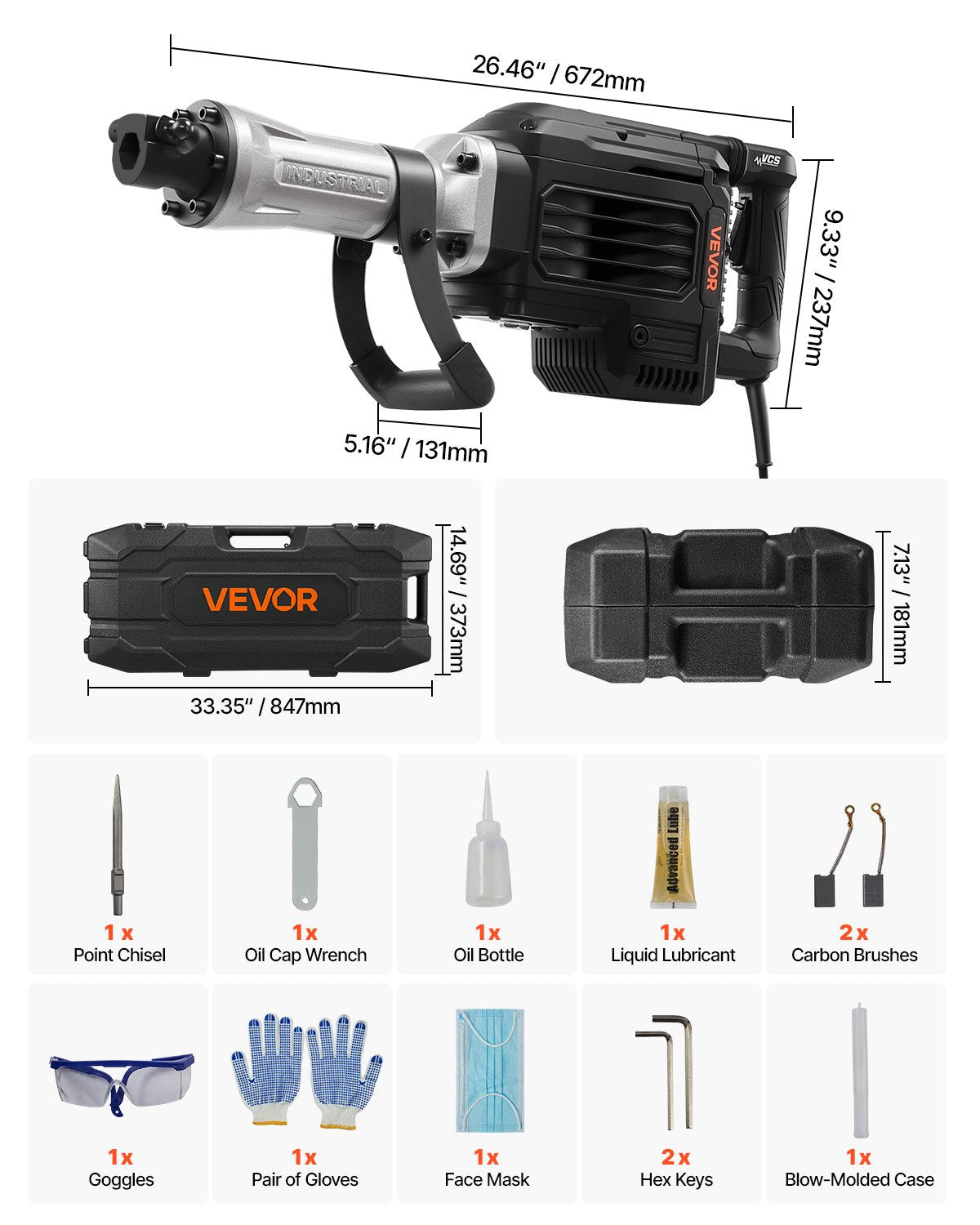 Abbruchhammer, 3000 W starker elektrischer Abbruchhammer, 1700 Schläge/min, Betonbrecher mit Spitzmeißel, Transportkoffer, Handschuhen und Schutzbrille, für Beton, Wände, Ziegel, Fliesen und Fundamente