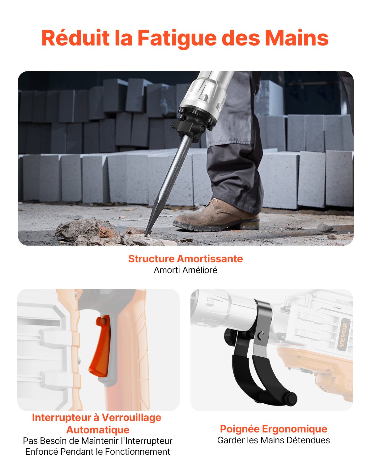 Abbruchhammer, 3500-W-Abbruchhammer für Beton, 1900 Schläge/min Hochleistungs-Elektro-Abbruchhammer, 2 Meißel mit Handschuhen und 360° schwenkbarer Frontgriff zum Grabenbau und Aufbrechen von Löchern