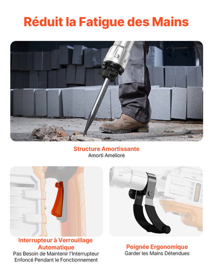 Abbruchhammer, 3500-W-Abbruchhammer für Beton, 1900 Schläge/min Hochleistungs-Elektro-Abbruchhammer, 2 Meißel mit Handschuhen und 360° schwenkbarer Frontgriff zum Grabenbau und Aufbrechen von Löchern