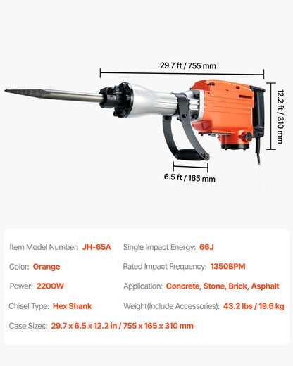 Abbruchhammer, Betonbrecher, 2200W Elektrohammer, 2 Meißelaufsätze