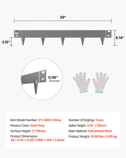 Stahl-Garteneinfassung, 5er-Pack, 99 x 7,6 cm (39 x 3 Zoll), rostbeständig, biegsam, robust, einfach zu installieren, für Beete, Gartenwege, dunkelgrau