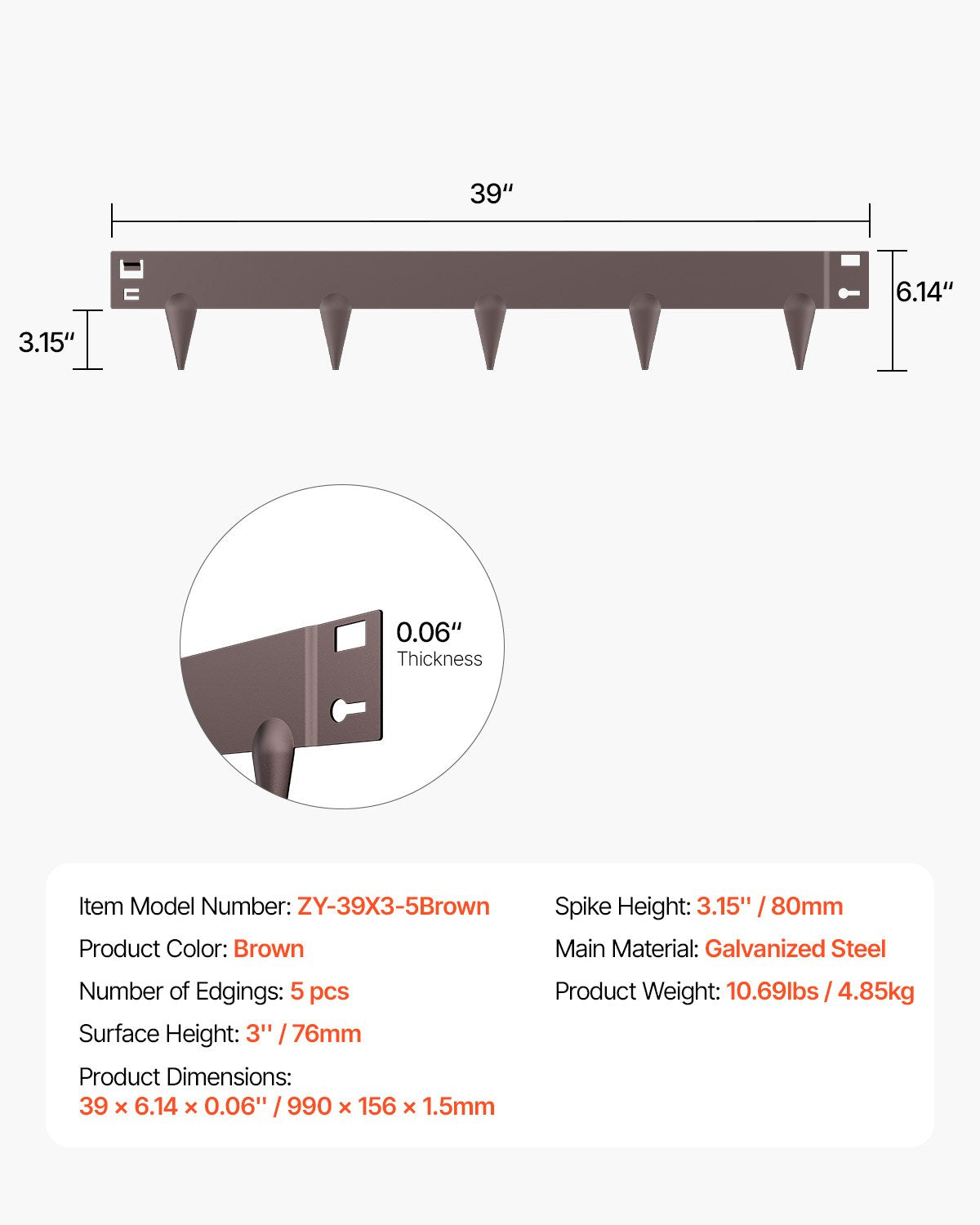 Stahl-Garteneinfassung, 5er-Pack, 99 x 7,6 cm (39 x 3 Zoll), rostbeständig, biegsam, robust, einfach zu installieren, für Beete, Gartenwege, braun