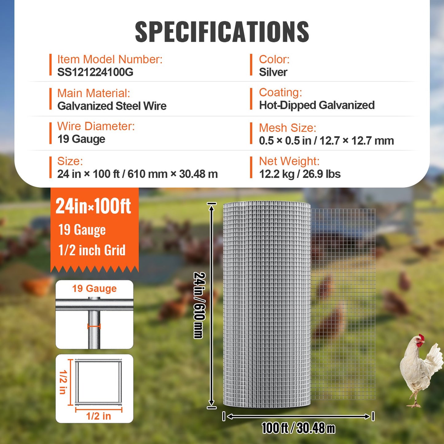 Drahtgitter, 1/2 Zoll, 24 Zoll x 100 Fuß, 19 Gauge, feuerverzinkt, Rolle, Hühnerdrahtzaun, Drahtgitter für Kaninchenkäfige, Garten, Kleinnager