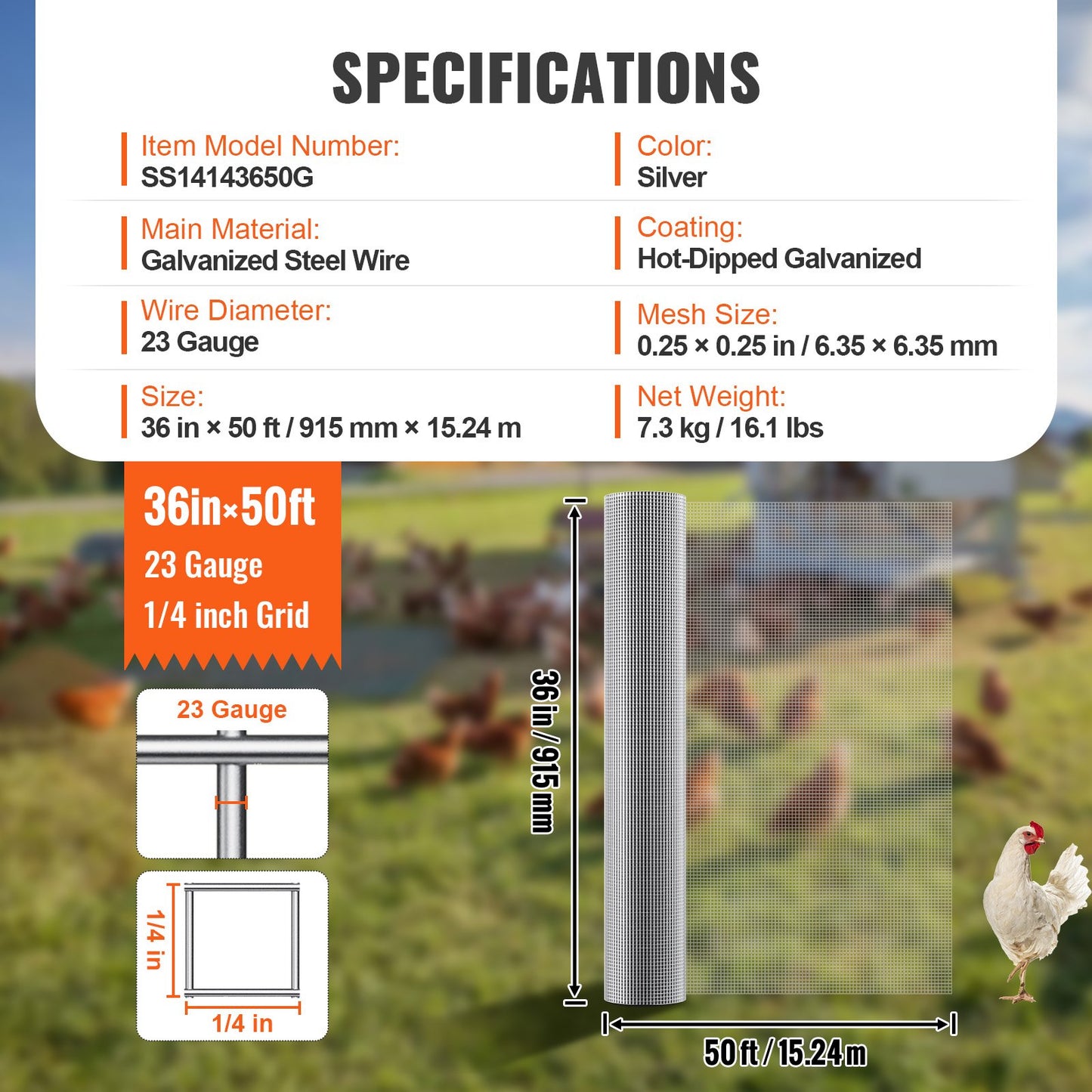 Drahtgitter, 6,35 mm (1/4 Zoll), 914 mm x 15,24 m (36 Zoll x 50 Fuß), 23 Gauge, feuerverzinkt, Rolle, Hühnerdrahtzaun, Drahtgitter für Kaninchenkäfige, Garten, Kleinnager