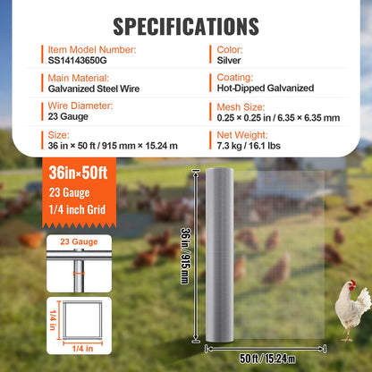 Drahtgitter, 6,35 mm (1/4 Zoll), 914 mm x 15,24 m (36 Zoll x 50 Fuß), 23 Gauge, feuerverzinkt, Rolle, Hühnerdrahtzaun, Drahtgitter für Kaninchenkäfige, Garten, Kleinnager