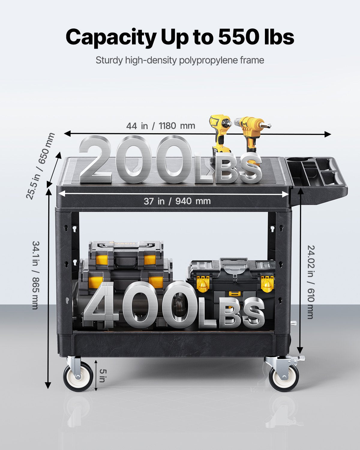 Utility Cart, 550 lbs Load Capacity, 37 x 25.4-inch Service Cart, Two-Shelf Heavy Duty Plastic Utility Cart with 360° Swivel Wheels (2 with Brakes), Suitable for Warehouse, Garage, Cleaning