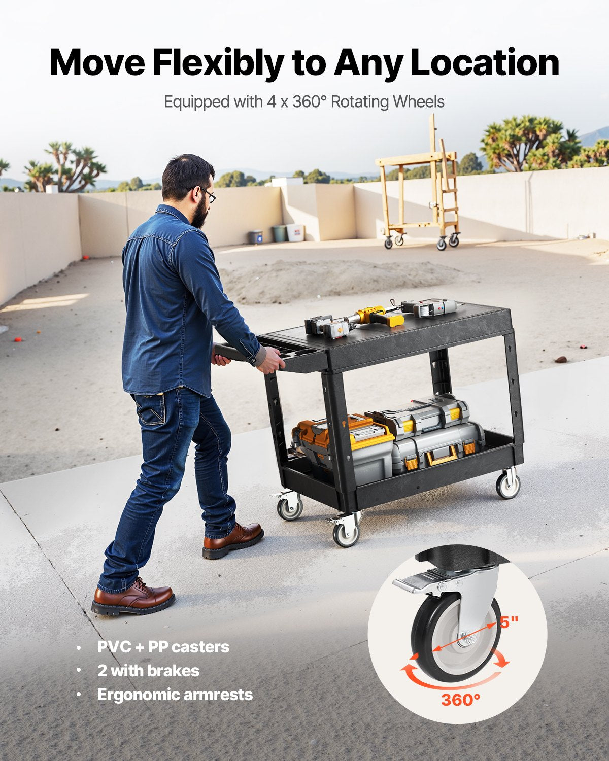 Utility Cart, 550 lbs Load Capacity, 37 x 25.4-inch Service Cart, Two-Shelf Heavy Duty Plastic Utility Cart with 360° Swivel Wheels (2 with Brakes), Suitable for Warehouse, Garage, Cleaning