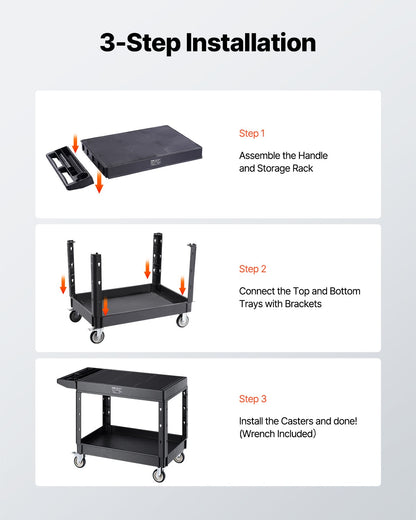 Utility Cart, 550 lbs Load Capacity, 37 x 25.4-inch Service Cart, Two-Shelf Heavy Duty Plastic Utility Cart with 360° Swivel Wheels (2 with Brakes), Suitable for Warehouse, Garage, Cleaning