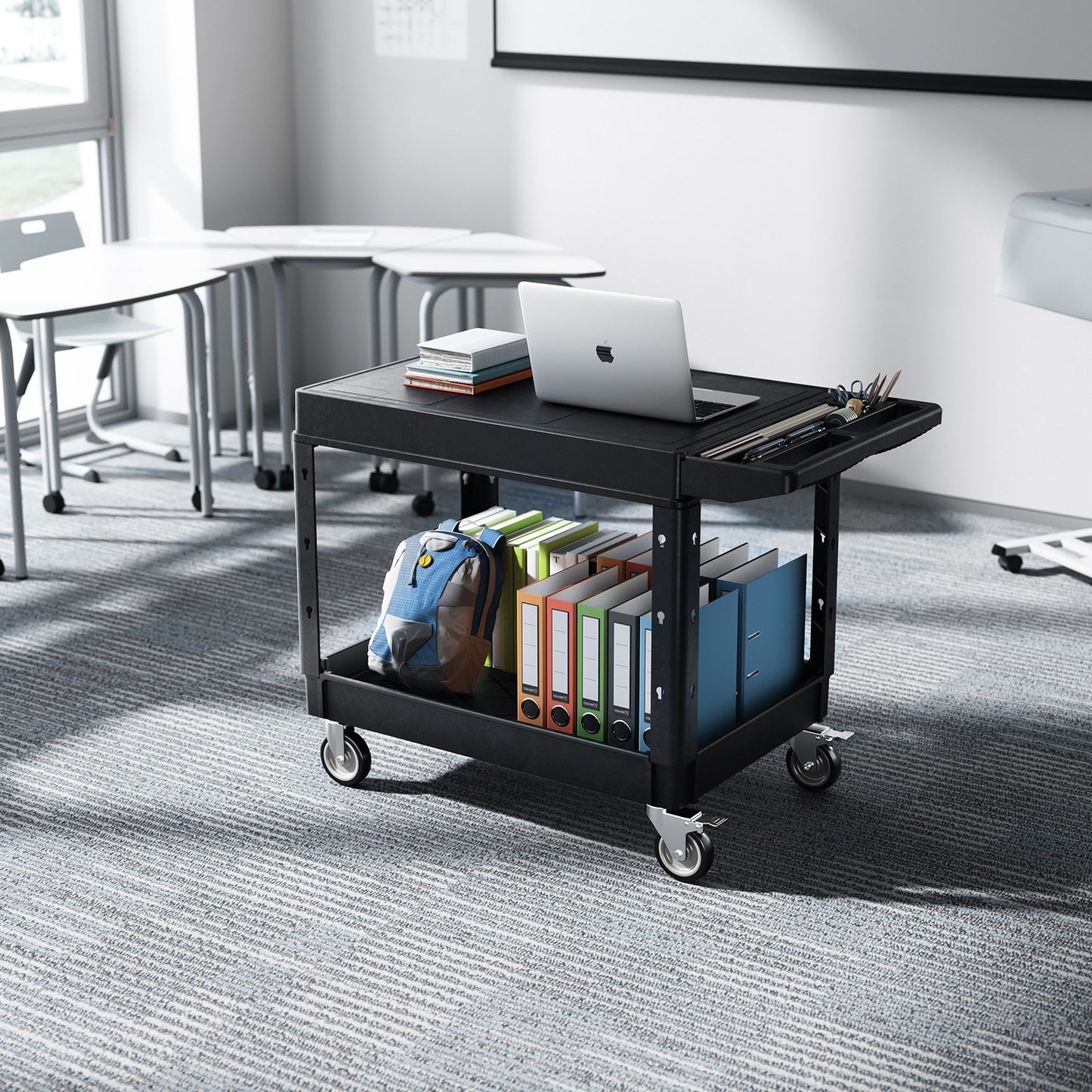 Utility Cart, 550 lbs Load Capacity, 37 x 25.4-inch Service Cart, Two-Shelf Heavy Duty Plastic Utility Cart with 360° Swivel Wheels (2 with Brakes), Suitable for Warehouse, Garage, Cleaning