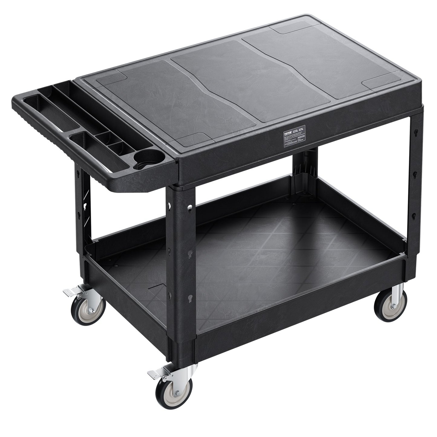 Utility Cart, 550 lbs Load Capacity, 37 x 25.4-inch Service Cart, Two-Shelf Heavy Duty Plastic Utility Cart with 360° Swivel Wheels (2 with Brakes), Suitable for Warehouse, Garage, Cleaning