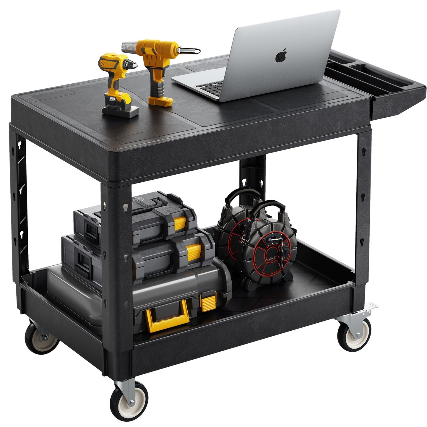 Utility Cart, 550 lbs Load Capacity, 37 x 25.4-inch Service Cart, Two-Shelf Heavy Duty Plastic Utility Cart with 360° Swivel Wheels (2 with Brakes), Suitable for Warehouse, Garage, Cleaning