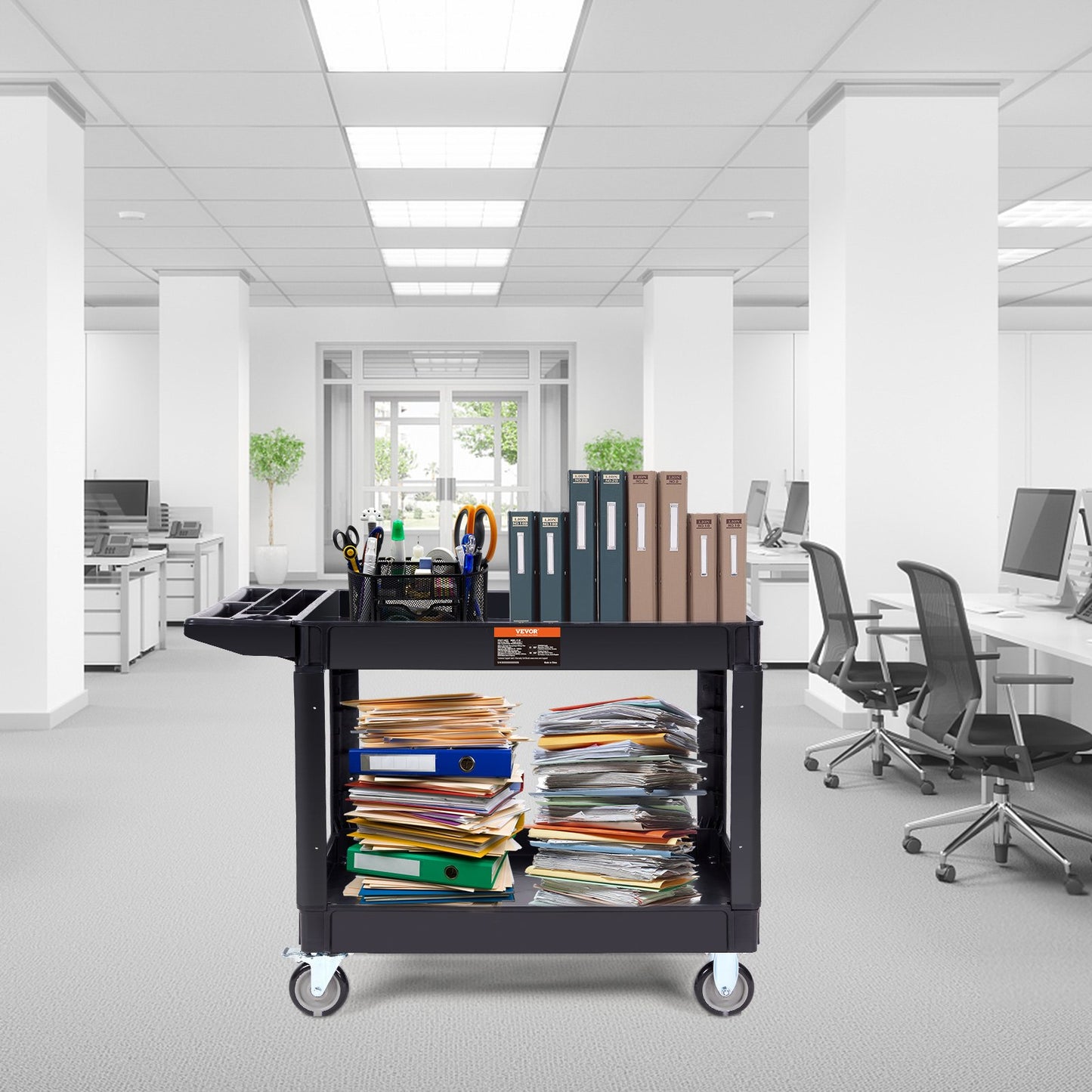 Utility Service Cart, 2 Shelf 249.5 kg Heavy Duty Plastic Rolling Utility Cart with 360° Swivel Wheels (2 with Brakes), Large Lipped Shelf, Ergonomic Storage Handle for Warehouse/Garage/Cleaning