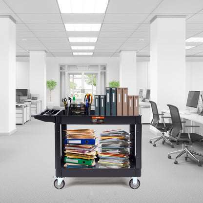 Utility Service Cart, 2 Shelf 249.5 kg Heavy Duty Plastic Rolling Utility Cart with 360° Swivel Wheels (2 with Brakes), Large Lipped Shelf, Ergonomic Storage Handle for Warehouse/Garage/Cleaning