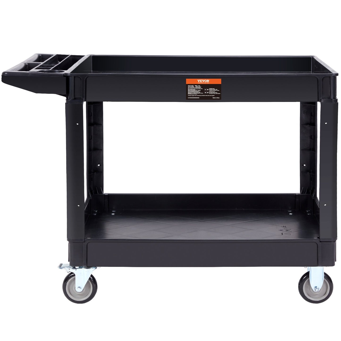Utility Service Cart, 2 Shelf 249.5 kg Heavy Duty Plastic Rolling Utility Cart with 360° Swivel Wheels (2 with Brakes), Large Lipped Shelf, Ergonomic Storage Handle for Warehouse/Garage/Cleaning