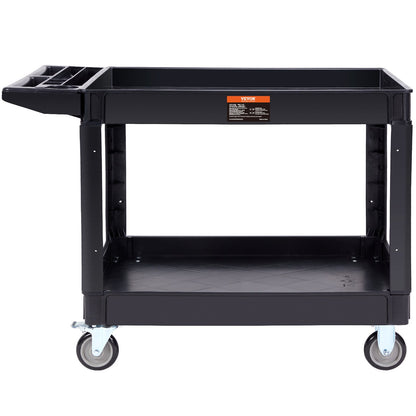 Utility Service Cart, 2 Shelf 249.5 kg Heavy Duty Plastic Rolling Utility Cart with 360° Swivel Wheels (2 with Brakes), Large Lipped Shelf, Ergonomic Storage Handle for Warehouse/Garage/Cleaning