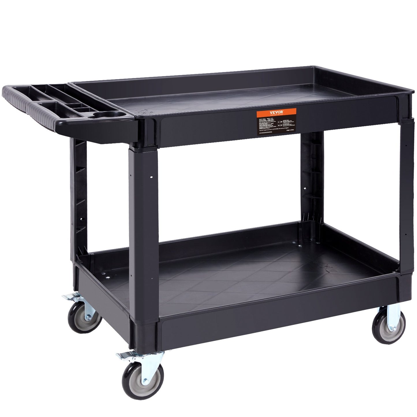 Utility Service Cart, 2 Shelf 249.5 kg Heavy Duty Plastic Rolling Utility Cart with 360° Swivel Wheels (2 with Brakes), Large Lipped Shelf, Ergonomic Storage Handle for Warehouse/Garage/Cleaning