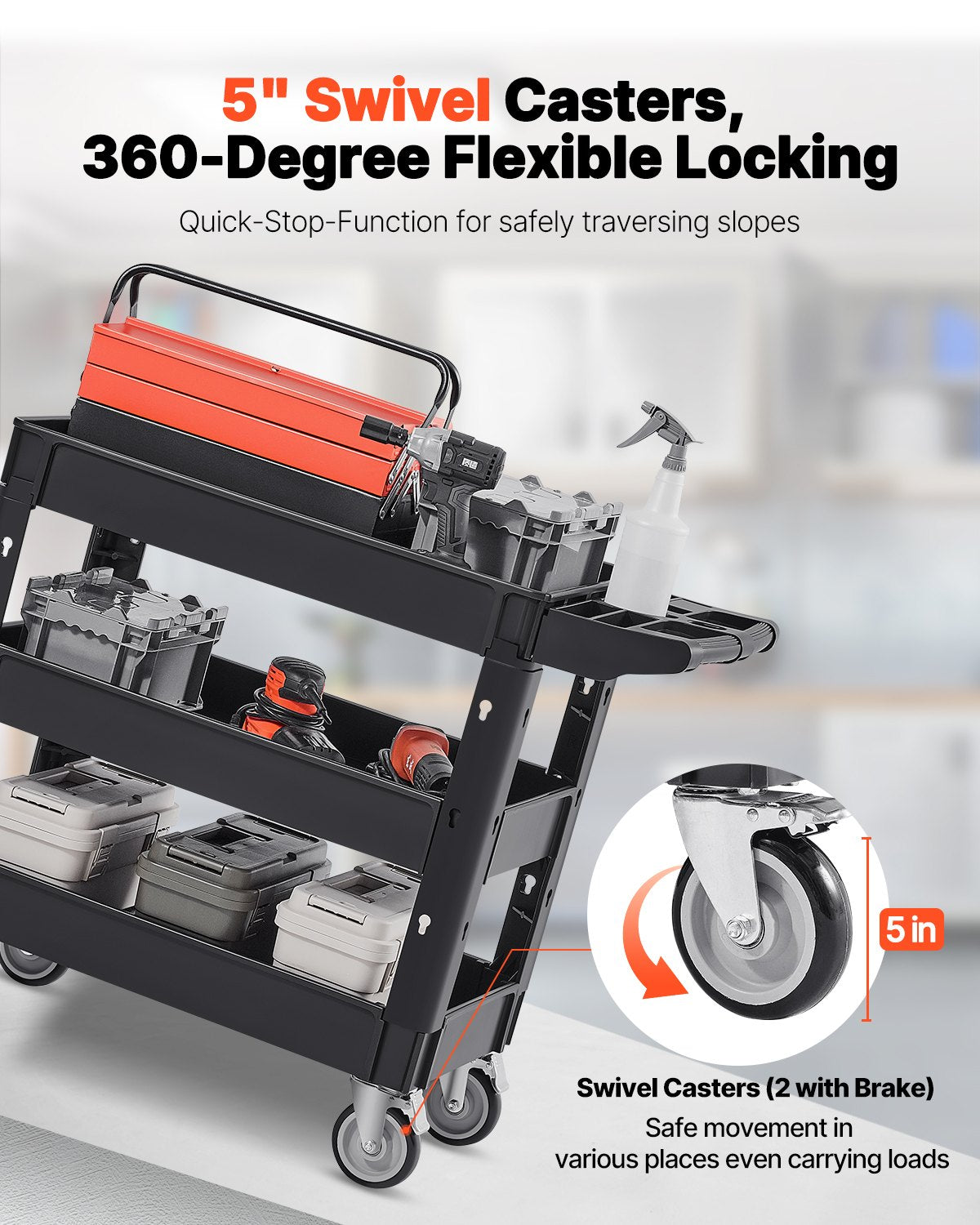 Servierwagen, 250 kg Tragkraft, 3-stöckiger, robuster Kunststoff-Servierwagen mit 360°-Schwenkrädern (2 mit Bremsen), ergonomischer Tragegriff für Lager/Garage/Reinigung