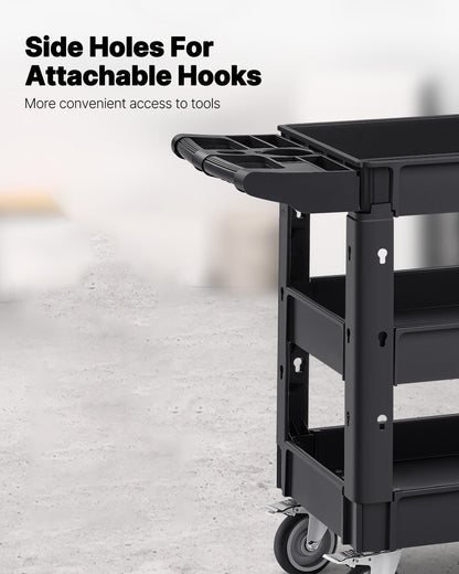 Servierwagen, 250 kg Tragkraft, 3-stöckiger, robuster Kunststoff-Servierwagen mit 360°-Schwenkrädern (2 mit Bremsen), ergonomischer Tragegriff für Lager/Garage/Reinigung