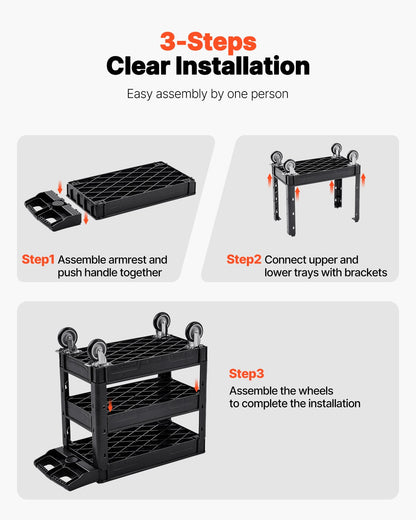 Servierwagen, 250 kg Tragkraft, 3-stöckiger, robuster Kunststoff-Servierwagen mit 360°-Schwenkrädern (2 mit Bremsen), ergonomischer Tragegriff für Lager/Garage/Reinigung