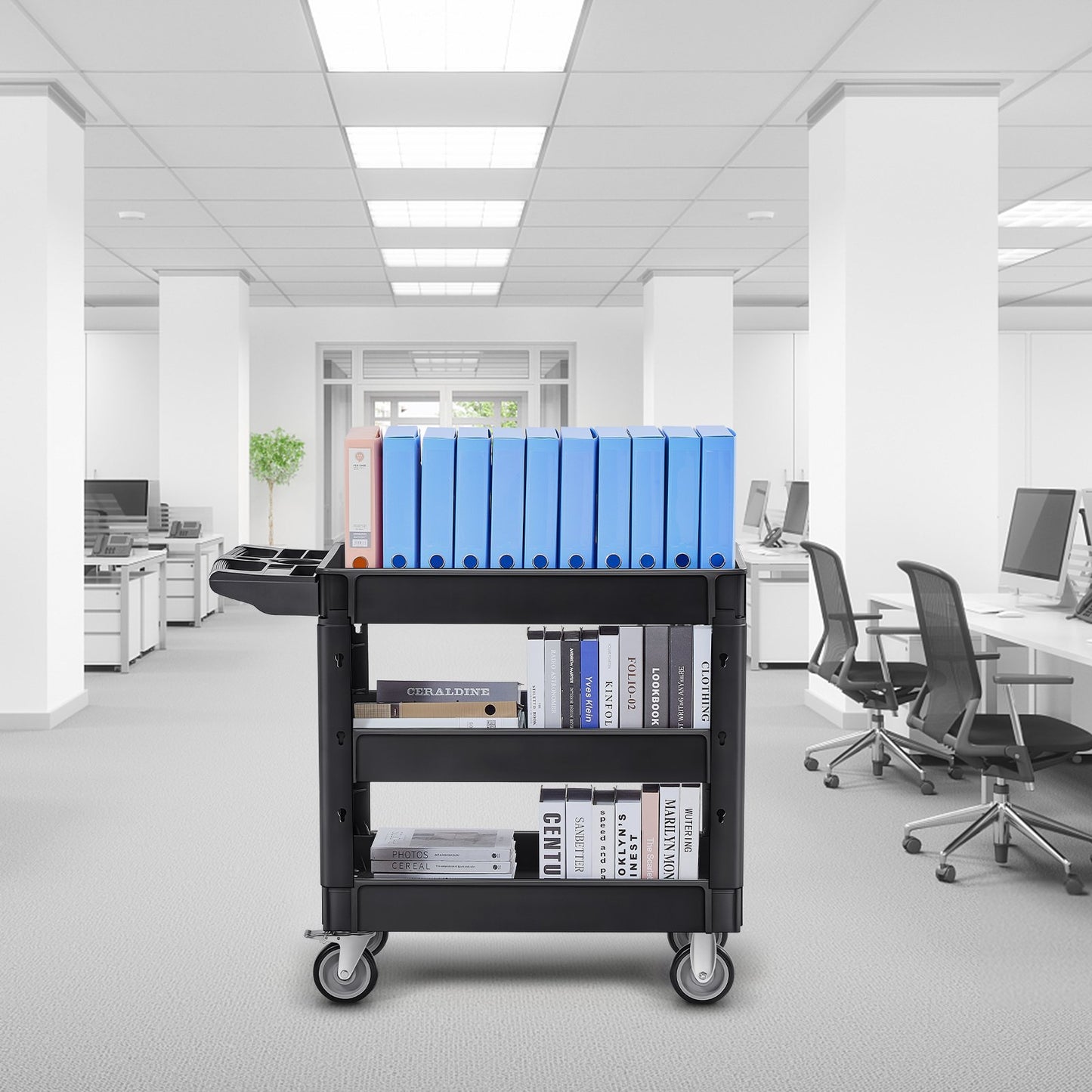 Servierwagen, 250 kg Tragkraft, 3-stöckiger, robuster Kunststoff-Servierwagen mit 360°-Schwenkrädern (2 mit Bremsen), ergonomischer Tragegriff für Lager/Garage/Reinigung