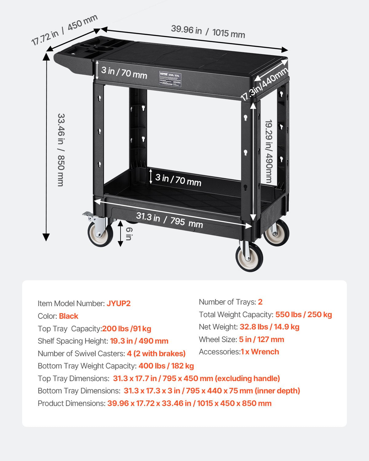 Utility Cart, 550 lbs Load Capacity, 31.3 x 17.7-inch Service Cart, Two-Shelf Heavy Duty Plastic Utility Cart with 360° Swivel Wheels (2 with Brakes), Suitable for Warehouse, Garage, Cleaning