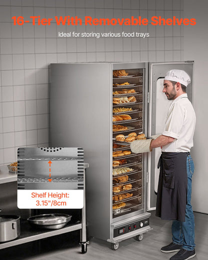 Hot Box Food Warmer, 16-Tier Large Concession Warmer with Water Tray, Glass Single-door and Adjustable Shelves, Stainless Steel Food Warmer Cabinet, Ideal for Storing Pizza, Chicken, Restaurant