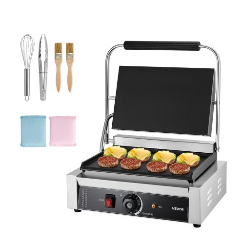Commercial Panini Grill, 2200W Electric Sandwich Panini Maker, Stainless Steel Sandwichs Press Grill with Handle and Temp Control, 34x23 cm Full Flat Enamel Plate, for Hamburger Steak Bacon