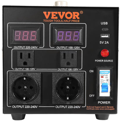 Voltage Converter Transformer, 2000VA, Heavy Duty Step Up/Down Transformer, Convert from 110 Volt to 220 Volt and from 220 Volt to 110 Volt, with US Outlet EU Outlet 5V USB Port, CE Certified