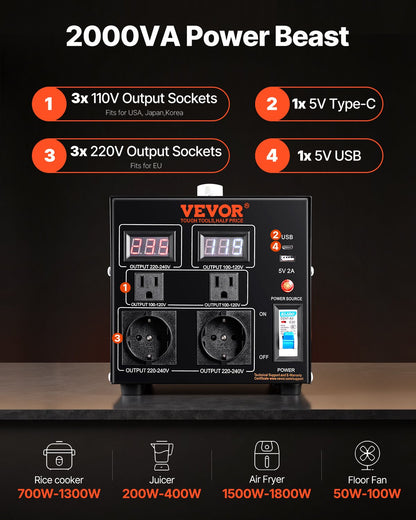 Voltage Converter Transformer, 2000VA, Heavy Duty Step Up/Down Transformer, Convert from 110 Volt to 220 Volt and from 220 Volt to 110 Volt, with US Outlet EU Outlet 5V USB Port, CE Certified