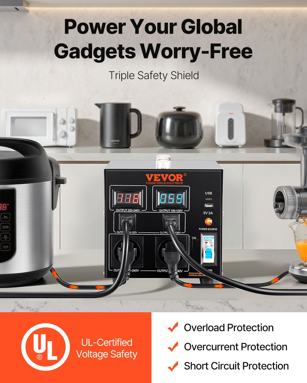 Voltage Converter Transformer, 2000VA, Heavy Duty Step Up/Down Transformer, Convert from 110 Volt to 220 Volt and from 220 Volt to 110 Volt, with US Outlet EU Outlet 5V USB Port, CE Certified